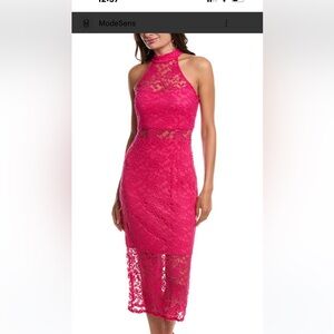 bebe Backless Lace Halter Dress in Bold Pink